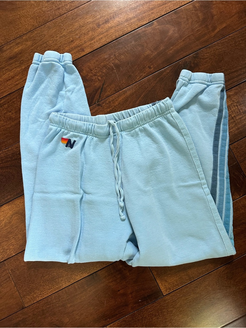Aviator Nation Light Blue womans Sweatpants with Side Stripe & Rainbow Logo
